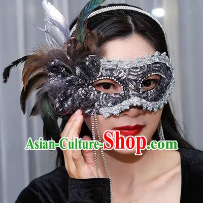 Venetian Gray Flower Mask Feather Masked Singer Halloween Carnival Party Mask