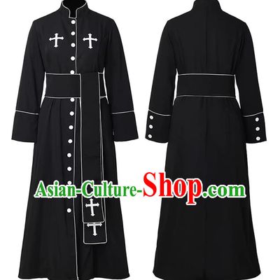 Clergy Performance Costume Stand Collar Long Sleeve Solid Color Cosplay Roman Cathedral Breasted Robe Halloween