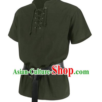 Medieval Retro Short-Sleeved Shirt Men Solid Color Drawstring Henry Collar Top Summer European And American Drama Costume Stand Collar