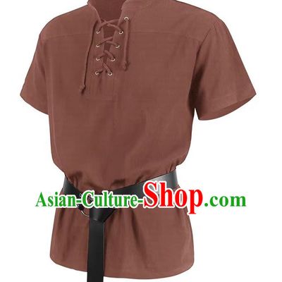Medieval Retro Short-Sleeved Shirt Men Solid Color Drawstring Henry Collar Top Summer European And American Drama Costume Stand Collar