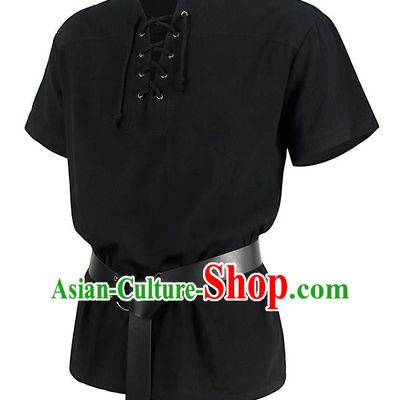 Medieval Retro Short-Sleeved Shirt Men Solid Color Drawstring Henry Collar Top Summer European And American Drama Costume Stand Collar