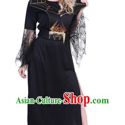 Halloween Black Spider Banshee Costume Cosplay Spider Web Witch Dress Cemetery Haunted House Script Props Costume