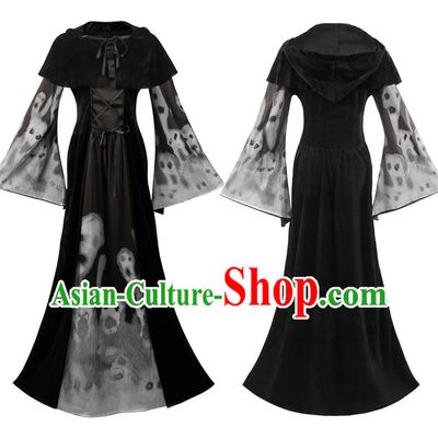 Halloween Black Ghost Robe Cosplay Skeleton Queen Retro Costume Hooded Adult Ghost Pattern Clothes