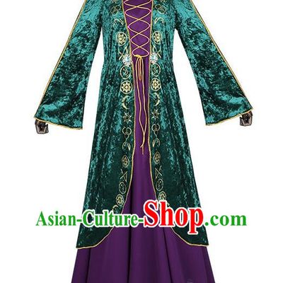 Green Retro Velvet Dress Cosplay Witch Costume Big Swing Sleeves
