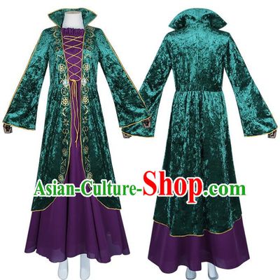 Green Retro Velvet Dress Cosplay Witch Costume Big Swing Sleeves