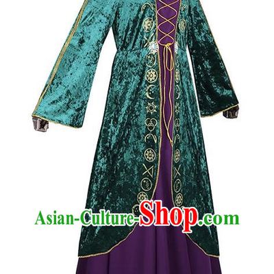 Green Retro Velvet Dress Cosplay Witch Costume Big Swing Sleeves