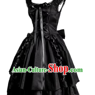 Pure Black Retro Strap Dress Gothic Bow Fluffy Maid Dress Halloween Girl Costume