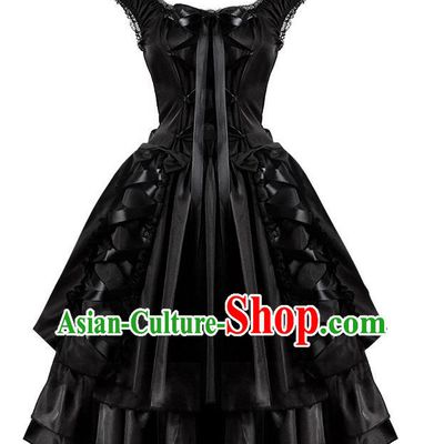 Pure Black Retro Strap Dress Gothic Bow Fluffy Maid Dress Halloween Girl Costume