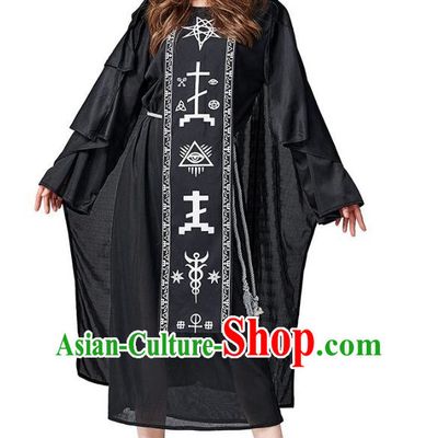 Black Totem Rune Robe Shaman Wizard Hooded Cloak Adult Cosplay Accountant Costume Halloween