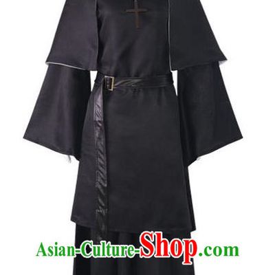 Retro Black Nun Robe Large Size With Shawl Headgear Monastery Uniform Cosplay Nun Costume
