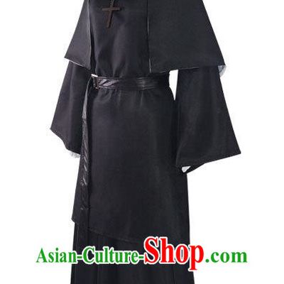 Retro Black Nun Robe Large Size With Shawl Headgear Monastery Uniform Cosplay Nun Costume