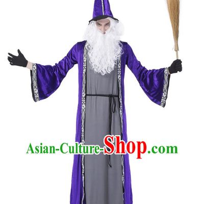Halloween Blue Magician Costume Cosplay High Pointed Hat Elf Wizard Adult Long Section Warlock Costume Large Size