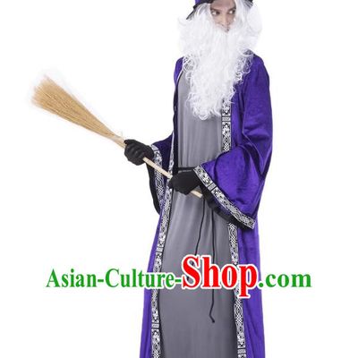 Halloween Blue Magician Costume Cosplay High Pointed Hat Elf Wizard Adult Long Section Warlock Costume Large Size
