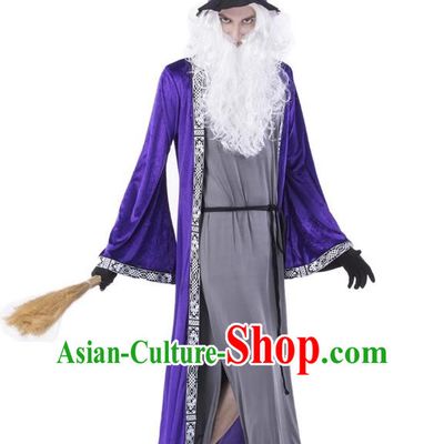 Halloween Blue Magician Costume Cosplay High Pointed Hat Elf Wizard Adult Long Section Warlock Costume Large Size