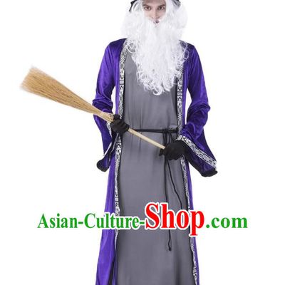 Halloween Blue Magician Costume Cosplay High Pointed Hat Elf Wizard Adult Long Section Warlock Costume Large Size