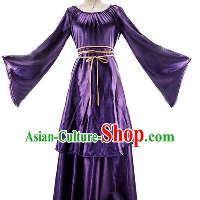 Medieval European Long Dress Female Purple Imitation Silk Shiny Dress Retro Round Neck Large Swing Sleeve Clothing