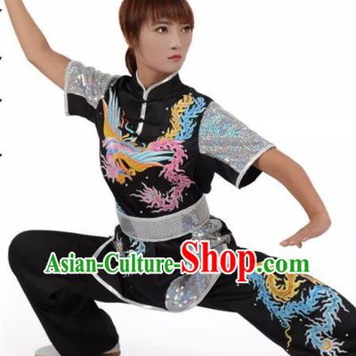 Black Martial Arts Clothing Embroidered Phoenix Performance Clothing Competition Clothing Long Boxing Clothing Practice Clothing For Women, Boys And Children