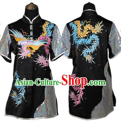 Black Martial Arts Clothing Embroidered Phoenix Performance Clothing Competition Clothing Long Boxing Clothing Practice Clothing For Women, Boys And Children