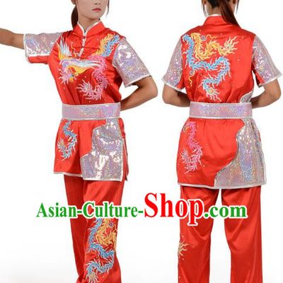 Red Martial Arts Clothing Embroidered Phoenix Performance Clothing Competition Clothing Long Boxing Clothing Practice Clothing For Women, Boys And Children