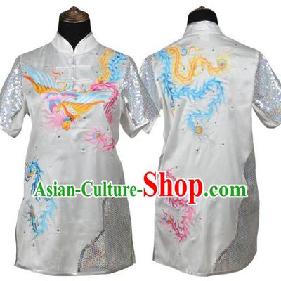 White Martial Arts Clothing Embroidered Phoenix Performance Clothing Competition Clothing Long Boxing Clothing Practice Clothing For Women, Boys And Children