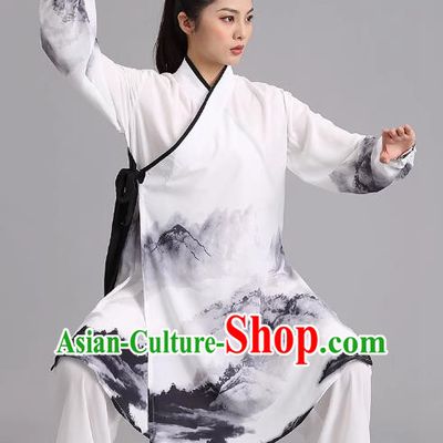 Tai Chi Clothing Han Style Painted Silk Hemp Martial Arts Long Section Performance Competition Chinese Style Men And Women