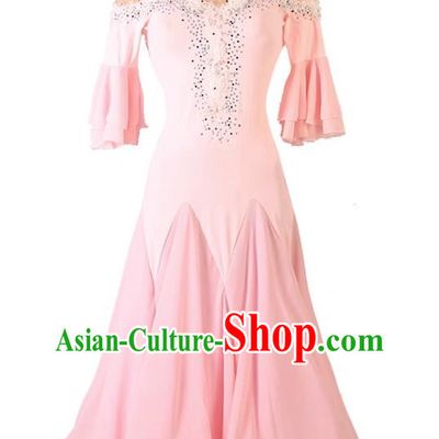 Pink Modern Dance Dress Professional Performance Competition Clothing Waltz Ballroom Dance Chiffon Swing Skirt