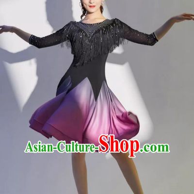 Latin Dance Skirt Performance Clothing Female Professional Competition Dance Gradient Dress Group Practice Performance Sexy Fringed Skirt