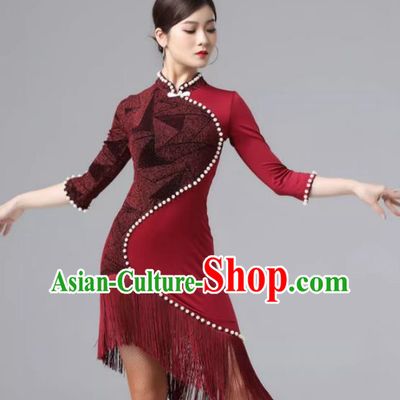 Latin Dance Skirt Practice Clothes Female Adult Performance Competition High End Cheongsam Collar Pearl Tassel Sexy Slim Dress