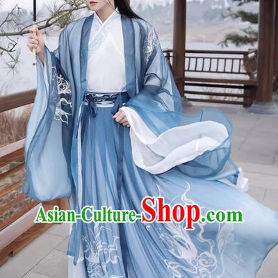 Chinese Traditional Young Hero Hanfu Ancient Swordsman Blue Clothing Jin Dynasty Male Garment Costumes