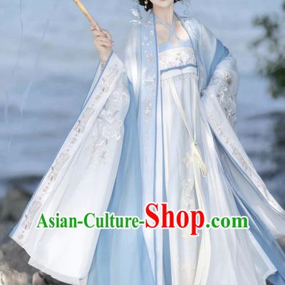 Chinese Traditional Woman Blue Hanfu Dress Ancient Flower Fairy Clothing Tang Dynasty Royal Princess Garment Costumes