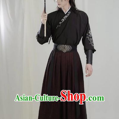 Chinese Traditional Hanfu Ancient Swordsman Black Clothing Jin Dynasty Handsome Childe Garment Costumes