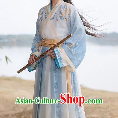 China Traditional Male Printing Hanfu Jin Dynasty Royal Childe Garment Costumes Ancient Swordsman Blue Clothing