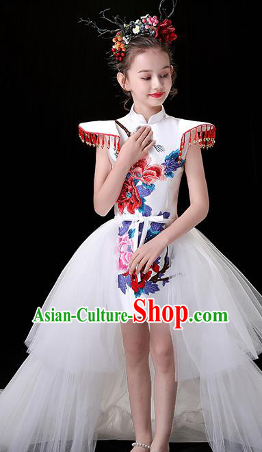 Chinese Embroidered Qipao Costume Top Children Modern Fancywork Clothing Girl Compere Full Dress Chinese Embroidered Qipao Costume Top Children Modern Fancywork Clothing Girl Compere Full Dress