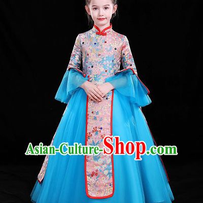 Top Catwalks Blue Veil Costume Children Modern Fancywork Clothing Chinese Girl Compere Full Dress