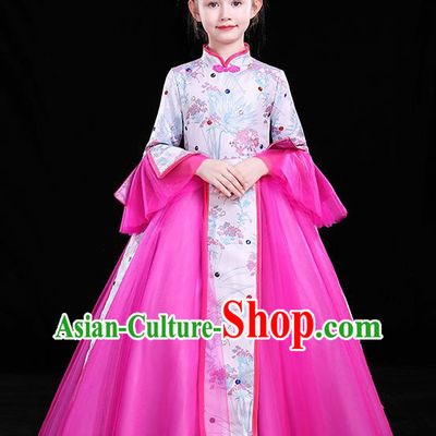 Top Girl Compere Full Dress Catwalks Megenta Veil Costume Children Modern Fancywork Clothing Chinese