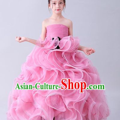 Girl Compere Pink Full Dress Catwalks Princess Formal Costume Children Stage Show Clothing