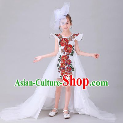 Children Catwalks Embroidered Costume Stage Show Princess Clothing Girl Compere White Full Dress