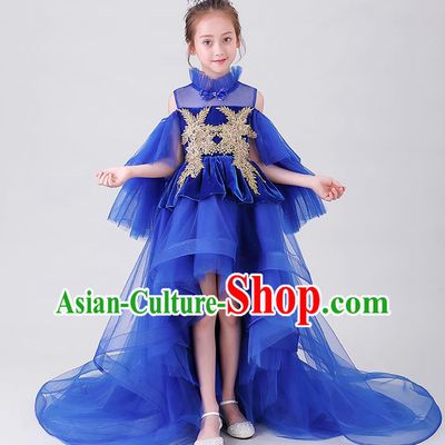 Girl Compere Royal Blue Full Dress Children Catwalks Embroidered Costume Stage Show Princess Clothing