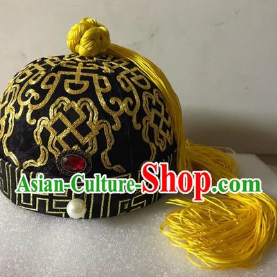 Ancient China Headwear Qing Dynasty Emperor Skullcap Chinese Handmade Suzhou Embroidery Prince Hat