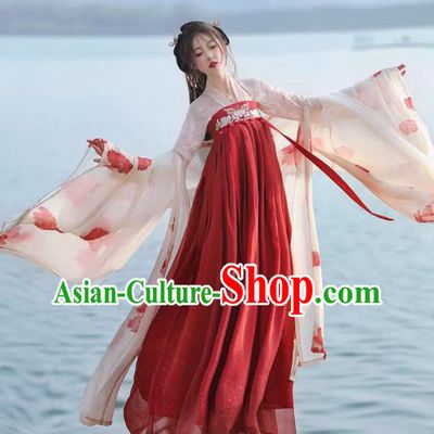 China Ancient Princess Red Dress Tang Dynasty Young Lady Clothing Traditional Woman Costumes Flower Fairy Hanfu