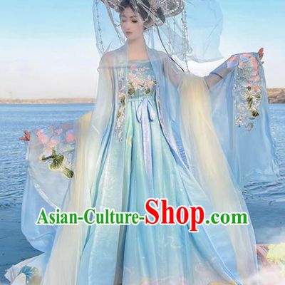 China Tang Dynasty Young Woman Clothing Traditional Hanfu Blue Hezi Dress Ancient Goddess Costumes