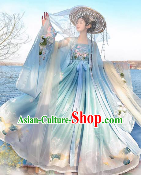 China Tang Dynasty Young Woman Clothing Traditional Hanfu Blue Hezi Dress Ancient Goddess Costumes China Tang Dynasty Young Woman Clothing Traditional Hanfu Blue Hezi Dress Ancient Goddess Costumes