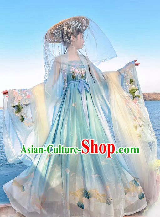 China Tang Dynasty Young Woman Clothing Traditional Hanfu Blue Hezi Dress Ancient Goddess Costumes China Tang Dynasty Young Woman Clothing Traditional Hanfu Blue Hezi Dress Ancient Goddess Costumes