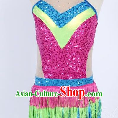 Girls Sequin Tassel Colorful Latin Jazz Dance Dress Performance Costume Stage Costume