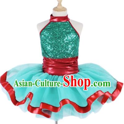 Children Sequin Gauze Skirt Suspender Tutu Skirt Ballet Dance Skirt Green Stage Costume Performance Costume