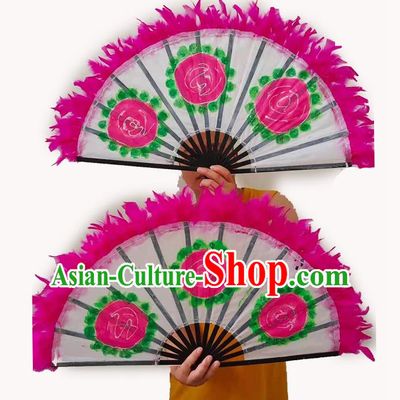 Korean Dance Dance Fan Peony Flower Rose Red Feather Fan Dance Opening Dance Dance Props Large Fan