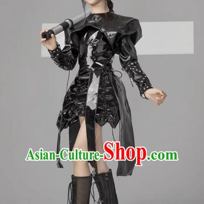 Girls One Piece Leather Skirt Black Leather Cosmic Style Technology Style Catwalk Clothing Model Clothing Knight Theme Cool Trendy Clothing