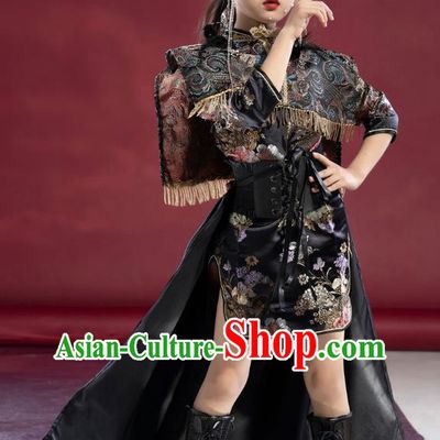 Girls Model National Trend Trailing Cheongsam Children Chinese Style T Stage Catwalk Dress Guqin Test Grade Performance Clothing