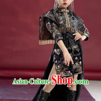 Girls Model National Trend Trailing Cheongsam Children Chinese Style T Stage Catwalk Dress Guqin Test Grade Performance Clothing