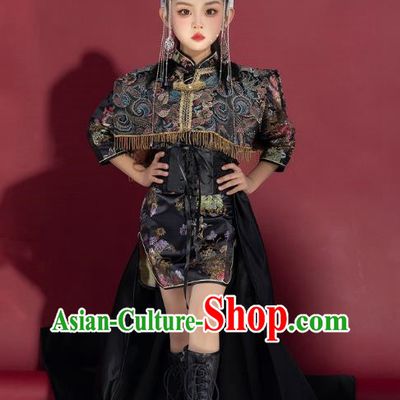 Girls Model National Trend Trailing Cheongsam Children Chinese Style T Stage Catwalk Dress Guqin Test Grade Performance Clothing